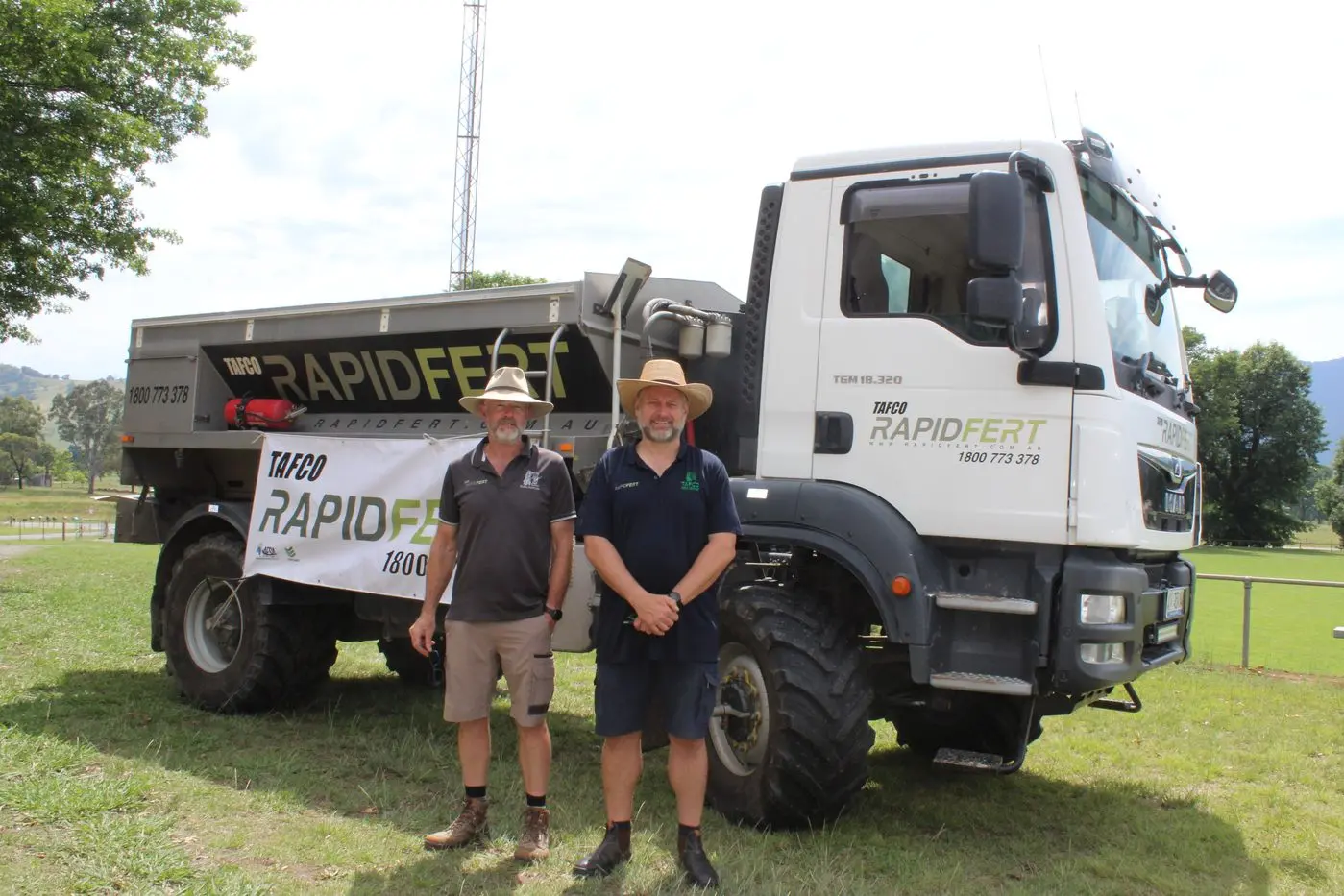 THE RAPIDFERT TRUCK: (From left) Bill Stonnill manager of RapidFert and Rupert Shaw general manager of Tafco Rural Supplies are based in Myrtleford and deliver throughout the Ovens, Kiewa and King Valleys.  One aspect of the business is dedicated to sourcing and spreading bulk fertiliser on local farms with the operation servicing the Kiewa Valley all the way up to Mount Beauty and from Myrtleford to Mudgegonga. 