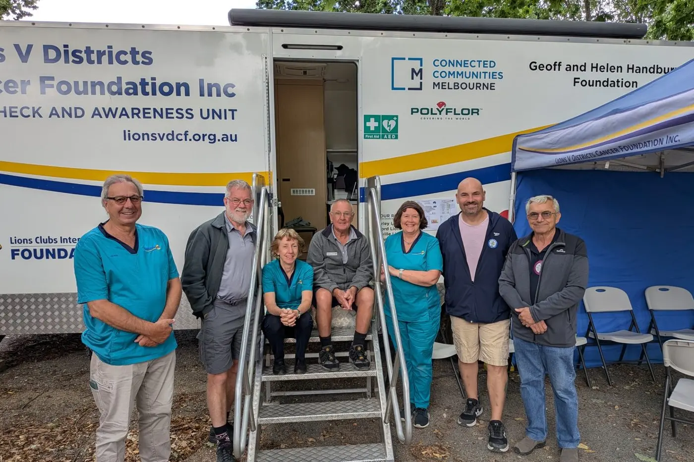 SUN-TOLL SURVEY: (from left) Dermascopists extraordinaire: George Walpole, Tom  and Fran Kaitler, Harold Malone and Julianne Clift manned the Skin Cancer Check Van, set up by program organisers from the Myrtleford Lions Club Chris Buono and Rick Rickard.