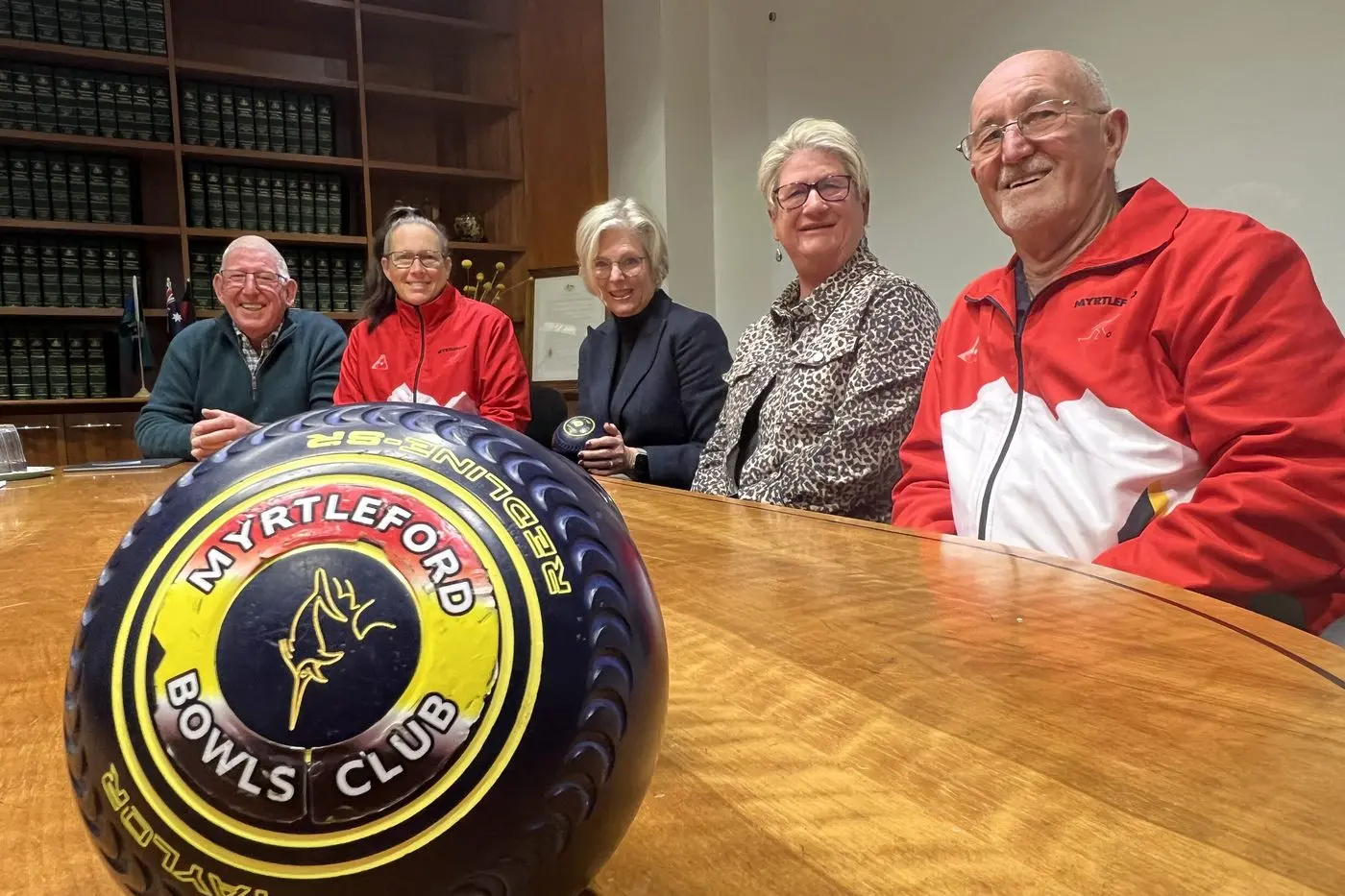 ON A ROLL: Meeting with Indi federal MP Helen Haines (centre) last week in their bid for federal funding were Myrtleford Bowls Club members (from left) Graeme Piazza (president), Peta Mattys, Cheryl Lewis (secretary) and Lance Symons (past president). PHOTO: Jeff Zeuschner