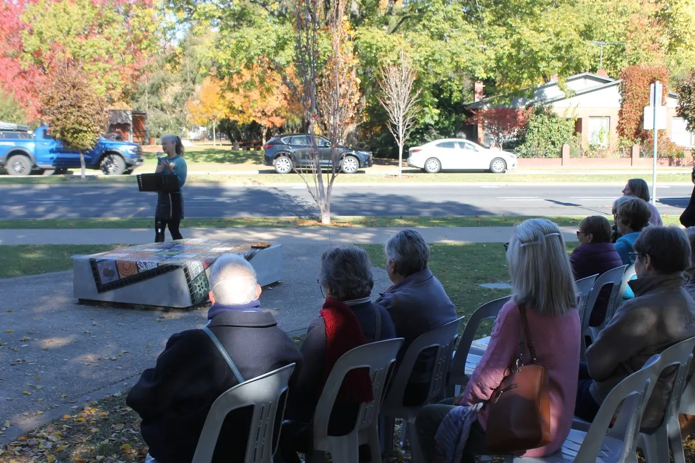 DUAL DISTINGUISHED DATE: It was a cold morning for attendees at the Piazza in Myrtleford as community groups were commemorated, by guest speakers Mayor Sarah Nicholas (pictured) and Clive Walker OAM. PHOTO: Phoebe Morgan.