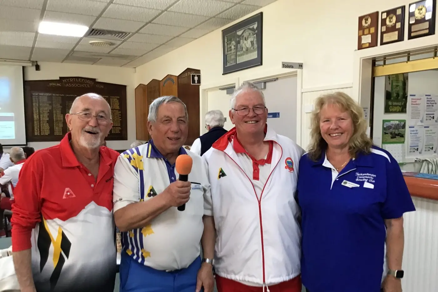 A WELCOME BREAK: (from left) Lance Symons (Myrtleford), Otto Kupferle (Bright), Neil Prior (Chiltern) and Meredith McIntyre (Yackandandah) and their clubs will restart the XXXX Winter Bowls competition in early August.
