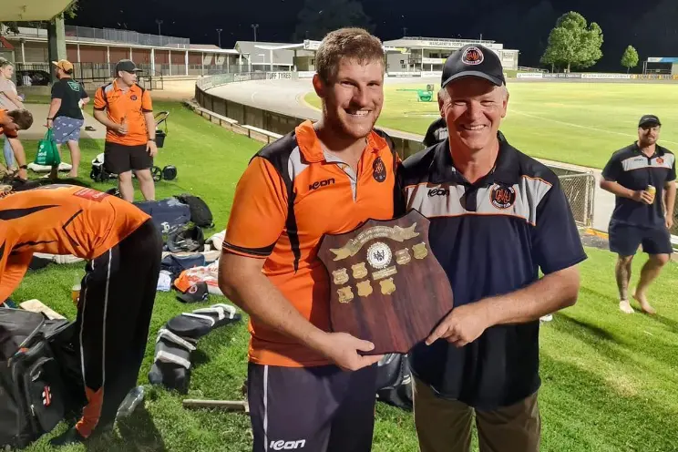 HAPPY CLUB: Club president Tony Cuskelly (right) with A grade captain Dylan Bursill after Ovens Valley United won last year\\'s T20 competition, their first piece of A grade silverware as a merged entity.