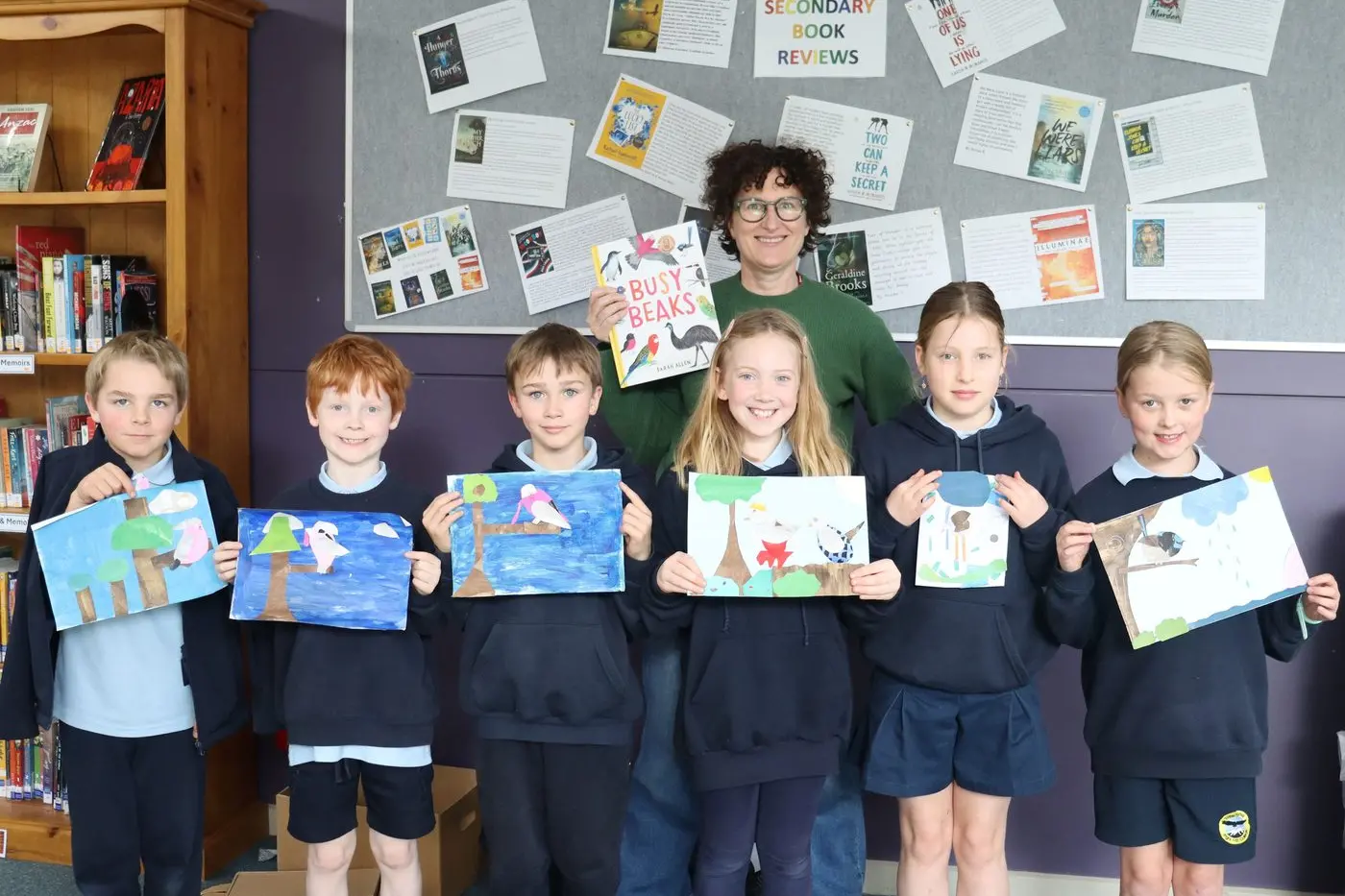 AUTHOR VISIT: Bright P-12 College students (from left) Miller Stedman, Sage Kennedy, Ari Fenton, Ella Badrock, Amber White and Isla Harper enjoyed meeting award-winning author and illustrator Sarah Allen and learning about her book, Busy Beaks. PHOTO: Bright P-12 College 