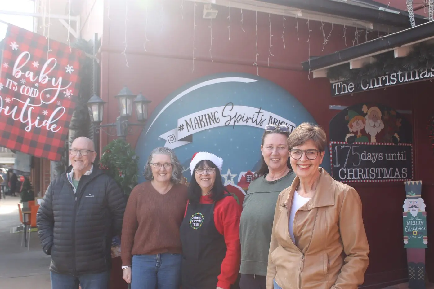 CHRISTMAS IN JULY COUNTDOWN: Store owners, shop assistants and committee members (from left) Dene Freeland, Amanda Hore, Joan Grimm, Emma Evans and Lenore Harris are finalising preparations for this weekend\\'s Winter festival. PHOTO: Phoebe Morgan