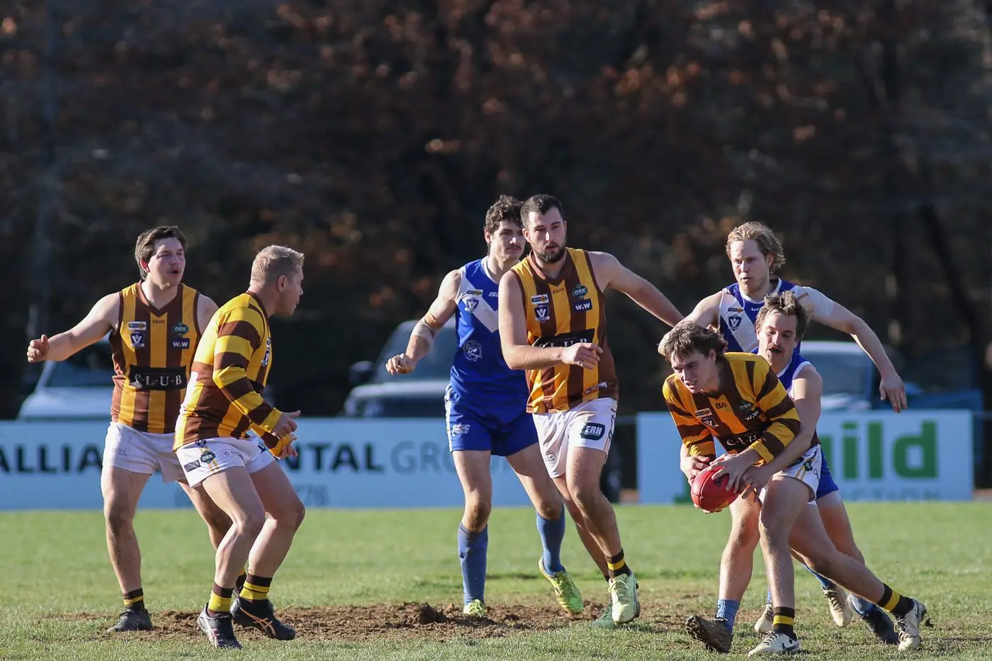 CONTEST: Bright senior players Sam Dalbosco tackles North Wangaratta\\'s Tyler Nanson in Bright\\'s massive win. PHOTO: Richard Xerri