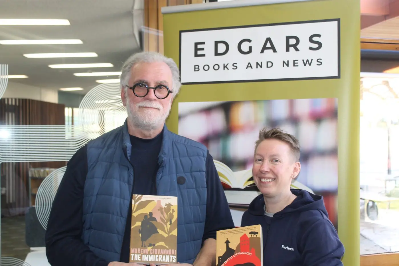 TOUR TRIUMPH: Author Moreno Giovannoni and Belinda Harrison from Edgars Books and News hosted a successful round of book tour dates in the region to promote Giovannoni\\'s recent work; \\'The Immigrants\\'. PHOTO: Phoebe Morgan