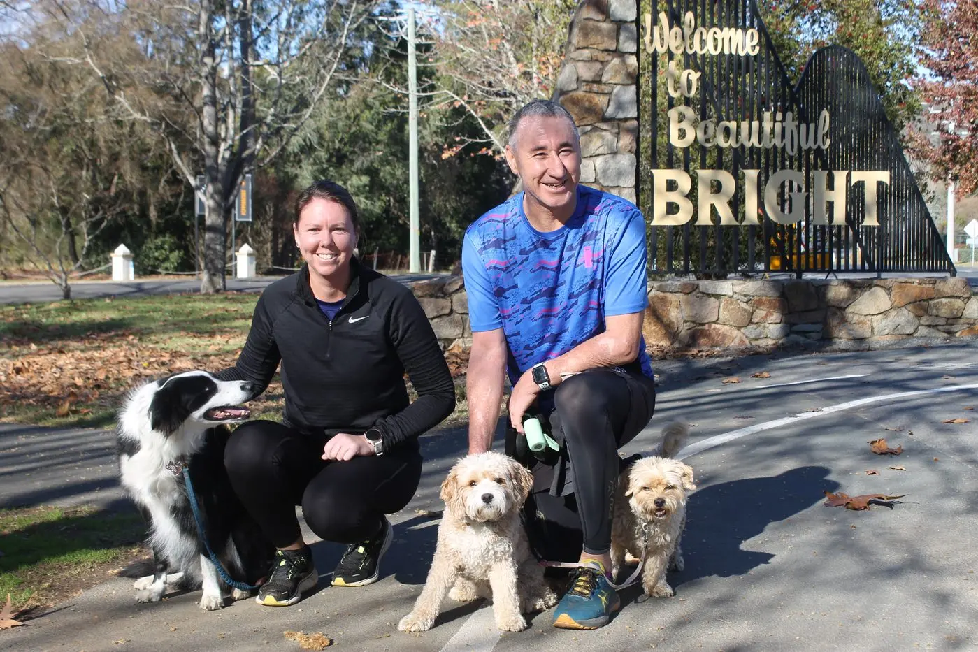 Going on a group run, Bright\\'s people around town: Bec Jones and Simon Tuan with their dogs Bontie the Sheepdog, Chilli the Cavoodle and Cleo the Schoodle.