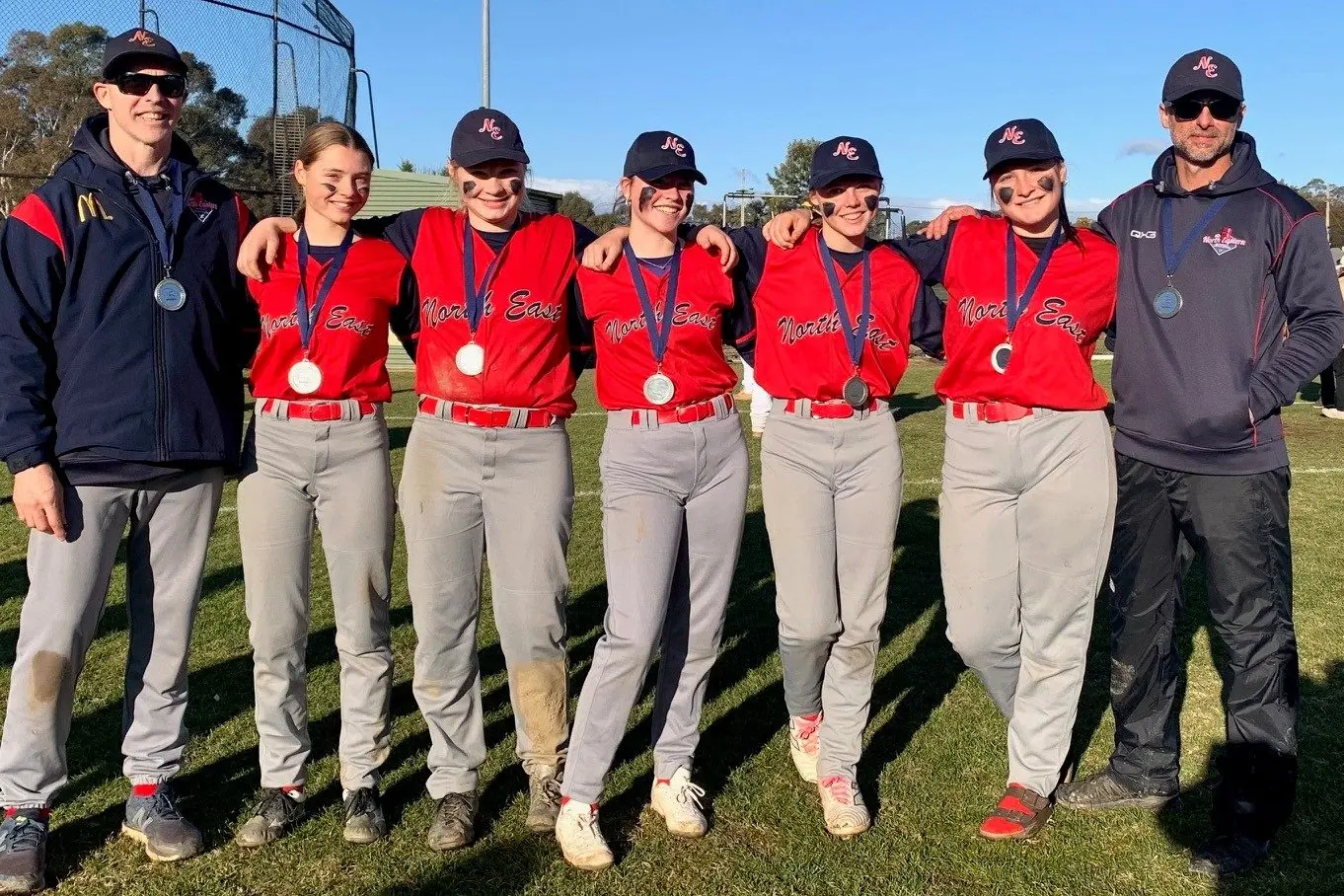 STATE CHAMPIONS: Co-coach, Heath Anders, Ayla McCallum, Makiah McCallum, Sophie Anders, Paige Anders, Samara McCallum and team manager Scott McCallum celebrating their state championship win.