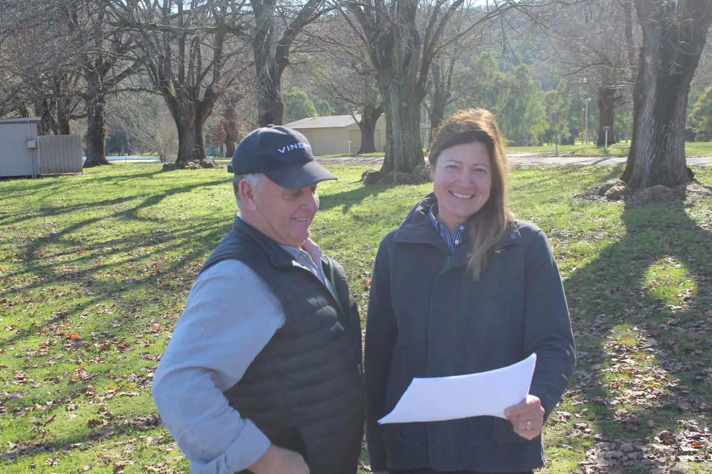 PLANS ARE READY: Myrtleford Recreation Reserve chairperson Allan McGuffie and treasurer Debbie Geddes look at the plans for a new toilet block. PHOTO: Martin Davis Id:27029