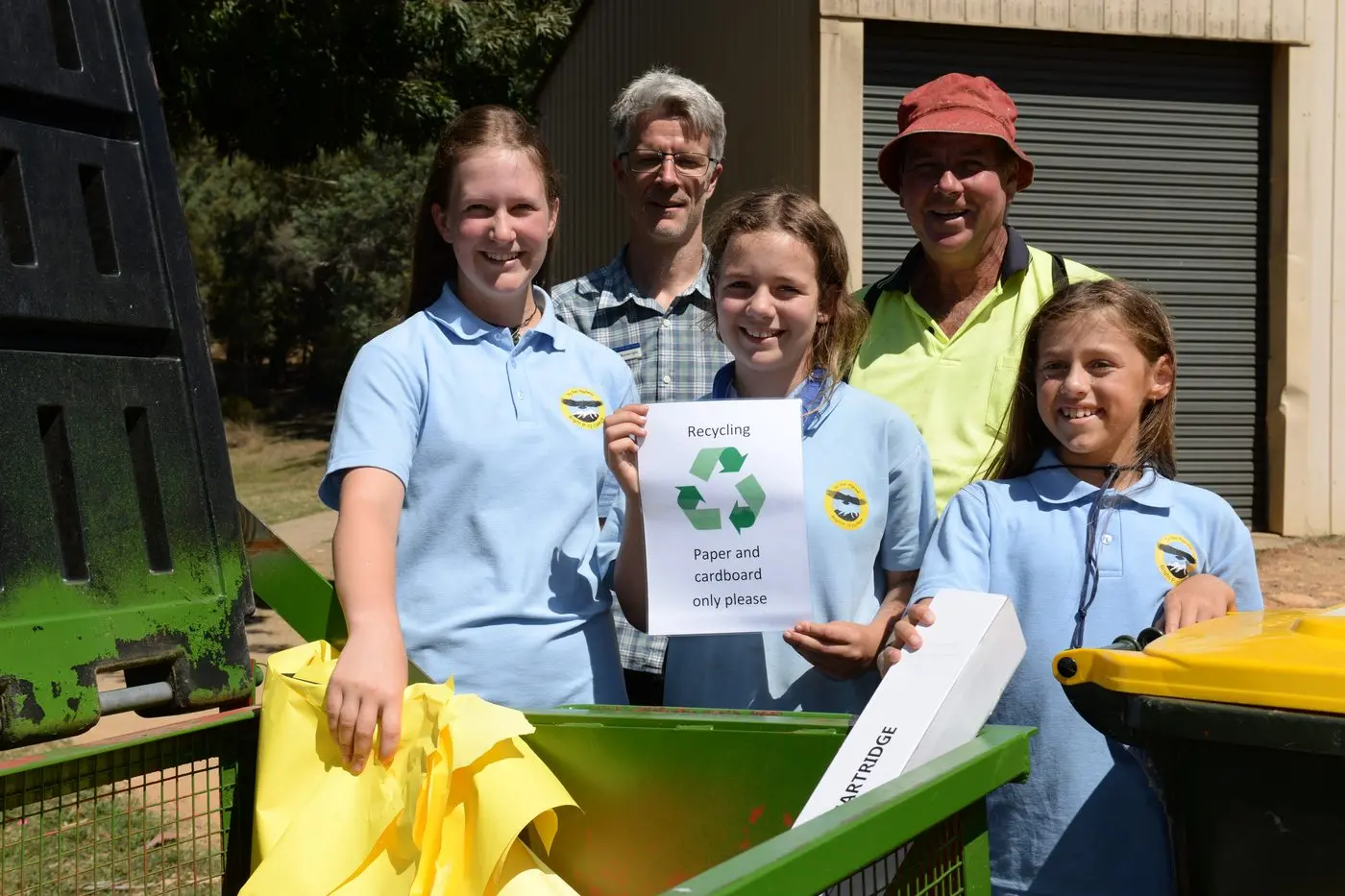 GOING GREEN: Bright P\\u201312 teacher Nick Kenwright and maintenance staff worker Steven Jenvey with students Kira Mack, Elvy Vietz and Ingrid Barnard have a focus on sustainability. PHOTO: Brodie Everist Id:38893