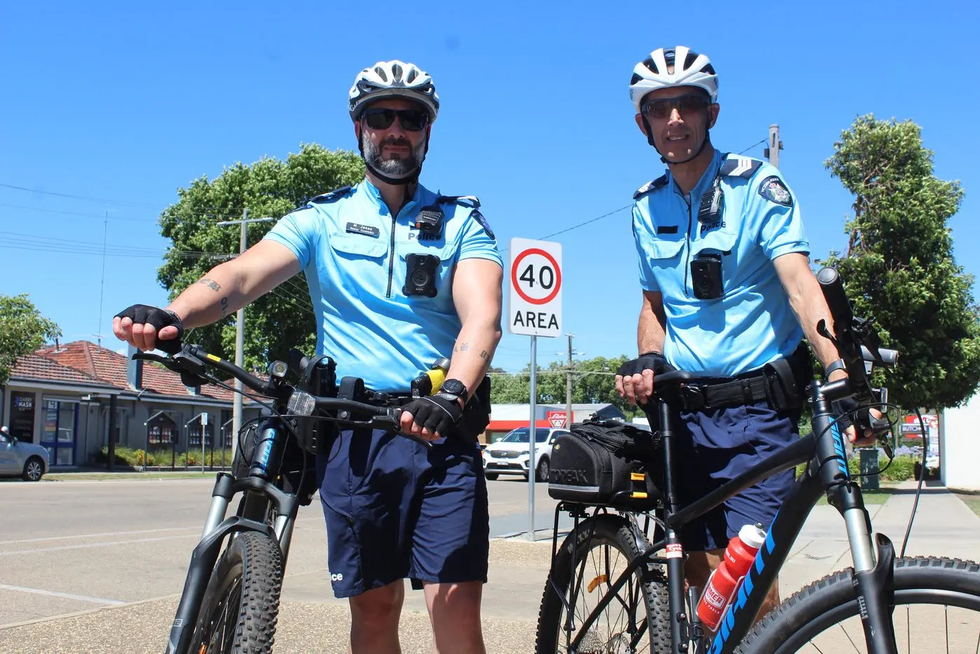 PEDDLING ROAD SAFETY: Senior Constable Matt Jones (left) and Sergeant Phil Pelgrim took to the streets on their bicycles for the first time on Friday. PHOTO: Ryan Malcolm