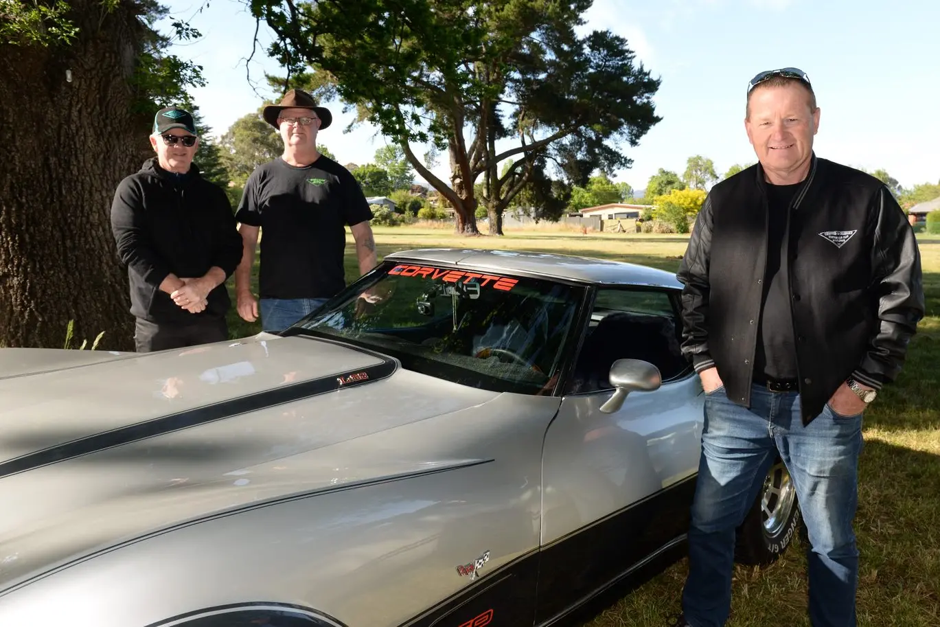 COOL CAR: Andy Shaw (right) and his 1978 Chevy Corvette, pictured with Chopped and Changed Kustom Car Club committee member Peter Lake and club president Ross Pennington,  will be at the Myrtleford Show \\'n\\' Shine on Sunday November 5. PHOTO: Brodie Everist 