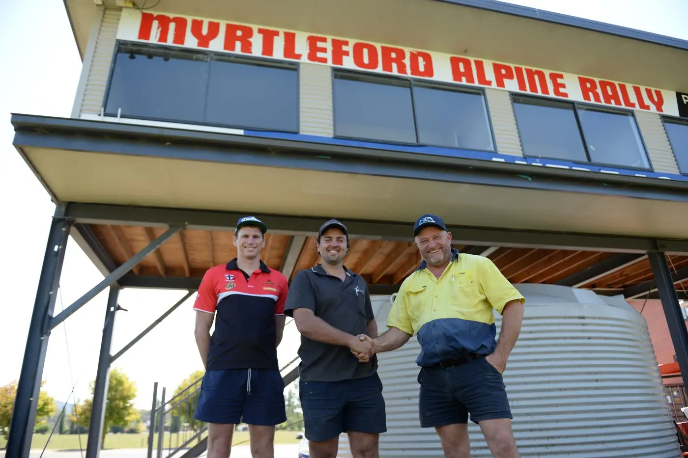 START YOUR ENGINES: (from left) Myrtleford Football Netball Club co\\u2013president Luke Chapman, Alpine Rally president Matt Dwyer, and previous Rally president Chris Bonacci are looking forward to staging the popular event for the first time since 2019. PHOTO: Brodie Everist Id:37701