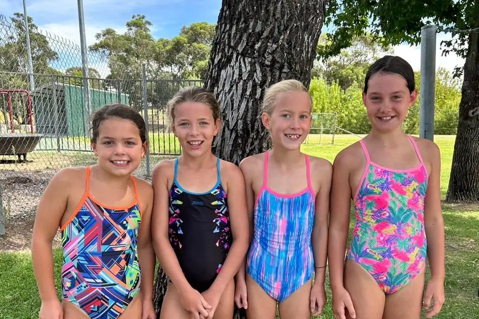 YOUNG STARS: Myrtleford\\'s eight and under freestyle relay team (from left) Mia McGuffie, Mackenzy Reynolds, Lila Murray and Aviva Lovelle smashed a 24\\u2013year\\u2013old record by nearly 14 seconds. Id:37892