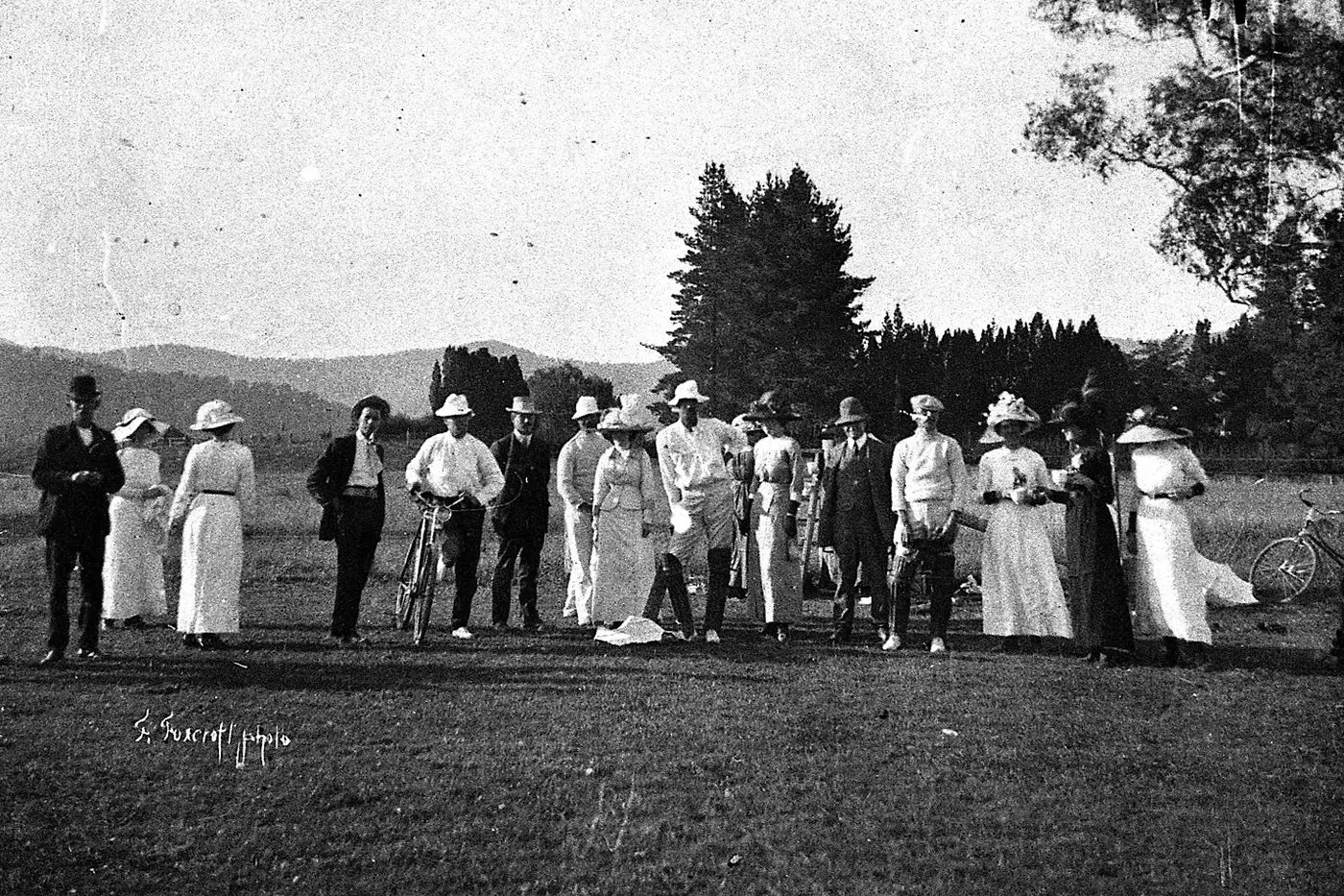 CRICKET AT MEMORIAL PARK, 1890s: Prior to the start of play, supporters and players gather at a Myrtleford v. Buffalo River game for photographer Frank Foxcroft.  Id:35878