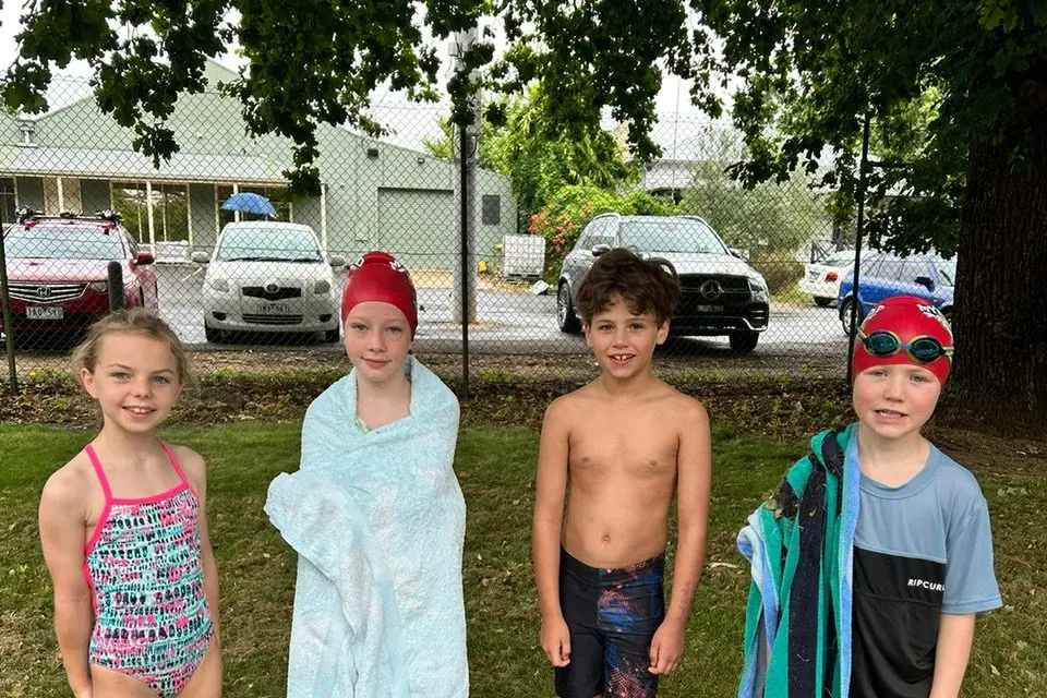 FIRST OF MANY: Myrtleford swimmers (from left) Maisie Fitzpatrick, Sophie Joyce\\u2013Berndt, Beau Sanderson and Jack Milne took to the pool in their first pennant on Sunday. Id:36651