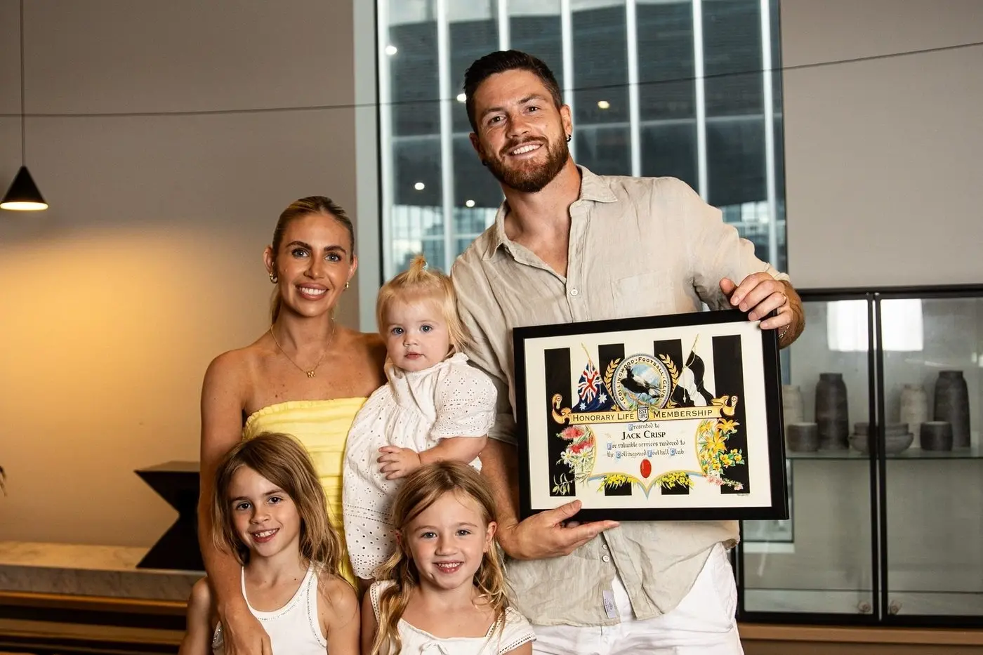 FOREVER A \\'PIE: Jack Crisp with his family after recieving Life Membership to the Collingwood Football Club. PHOTO: Collingwood Football Club