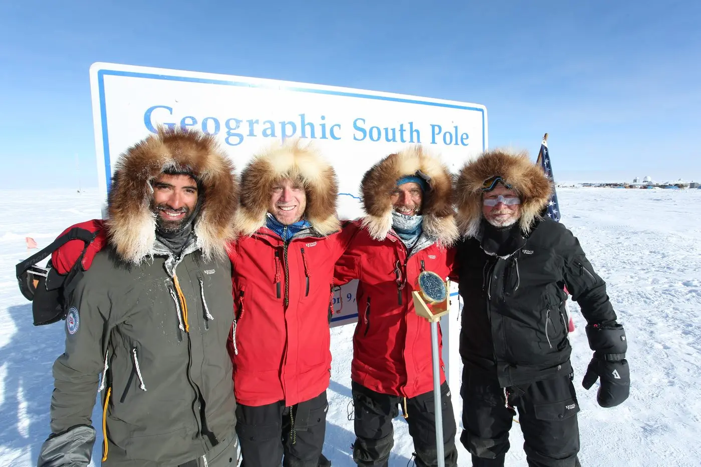 A POLAR TREK: Australian and New Zealand Defence Force members, Petty Officer Vincent Carlsen, ex-sailors Kelly Kavanagh and Durham Forbes, and Sean Taylor skied for 62 days to reach the South Pole on January 17, 2023. PHOTO: Kelly Kavanagh\\n