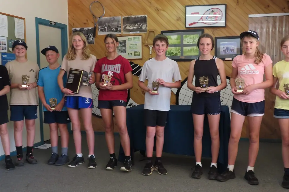 YOUNG GUNS: Junior winners (from left) Stefan Barnard, Tom Russell, Angus Murrells, Amelie Thompson, Edith Cafe, Lochie Russell, Mair Williamson, Claire Williamson and Amelie Kerr.