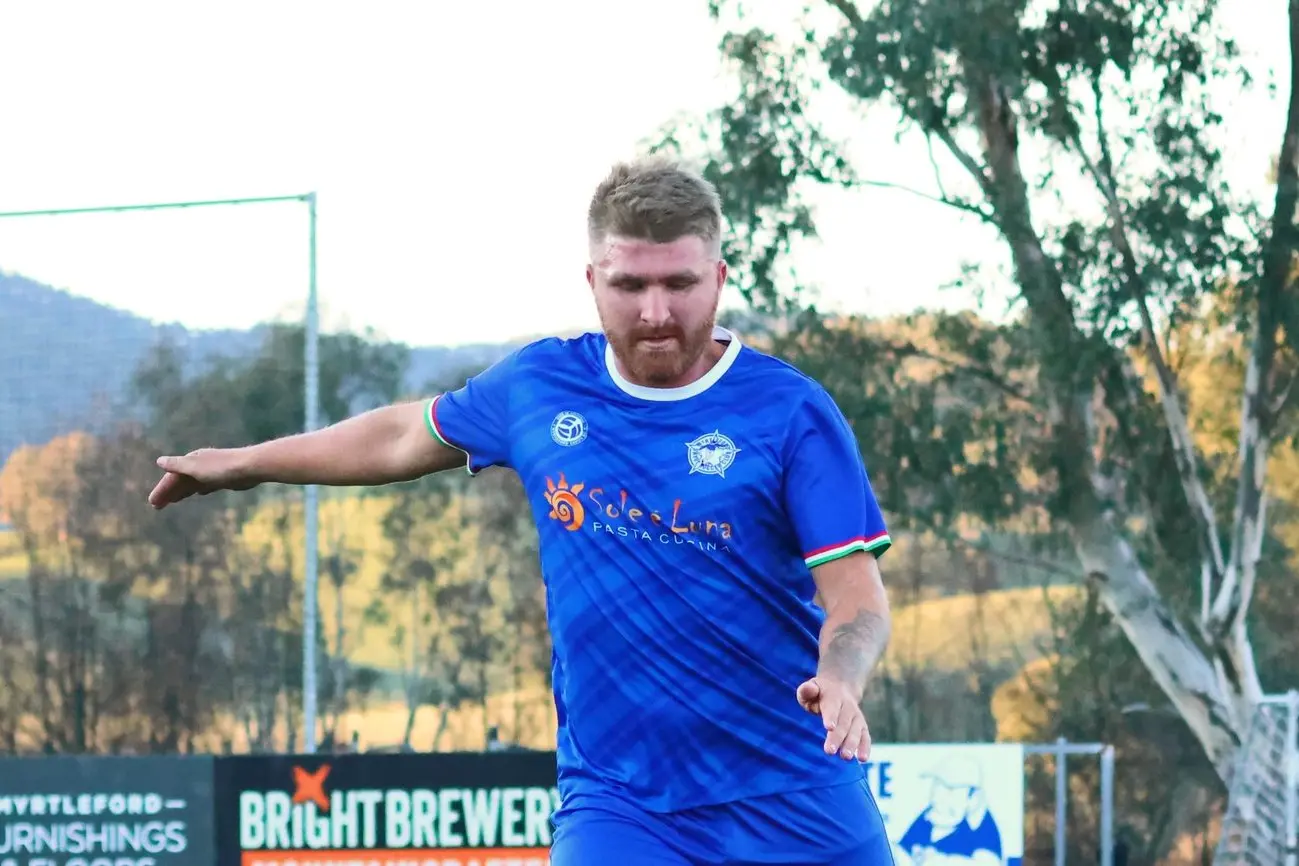 QUADRUPLE: Tyler Curran scored four goals in Myrtleford\\'s 8-1 annihilation of their nearest rival on the ladder, Albury United. PHOTO: Janet Watt