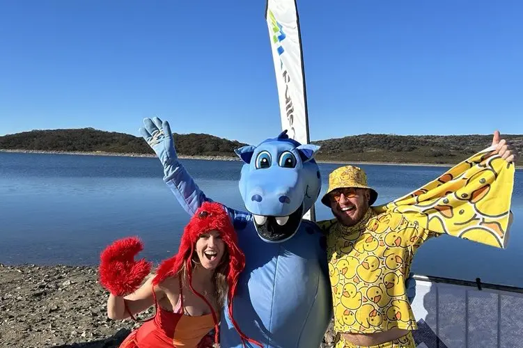 FUN FOR ALL: Pete the Snowdragon, with friends, was out supporting the Ice Plunge at Falls Creek\\'s Rocky Valley Lake on Sunday. PHOTO: Falls Creek ARV