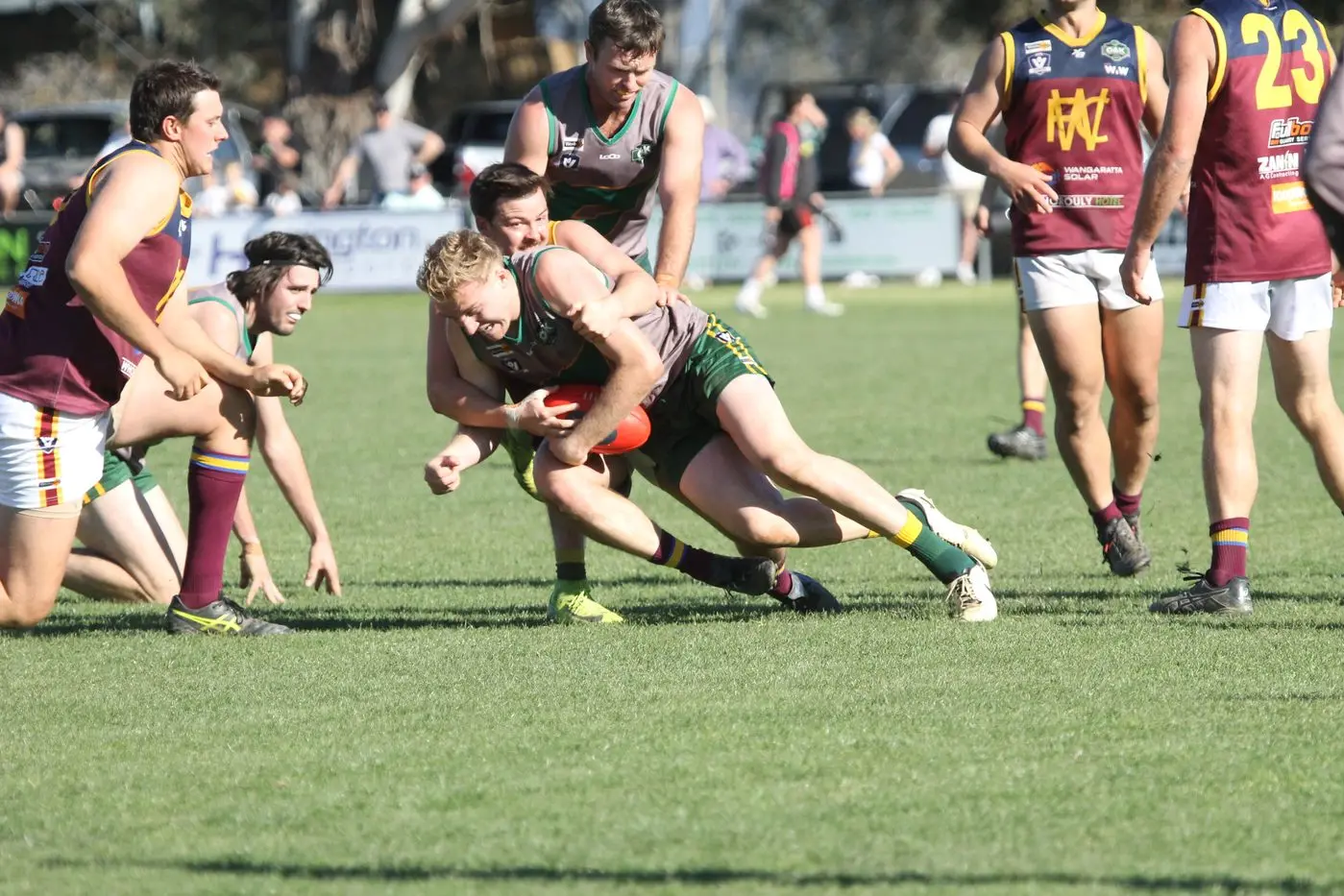 PRESSURE: Declan Hoy-Maroney lays a crunching tackle. PHOTOS: Nathan de Vries