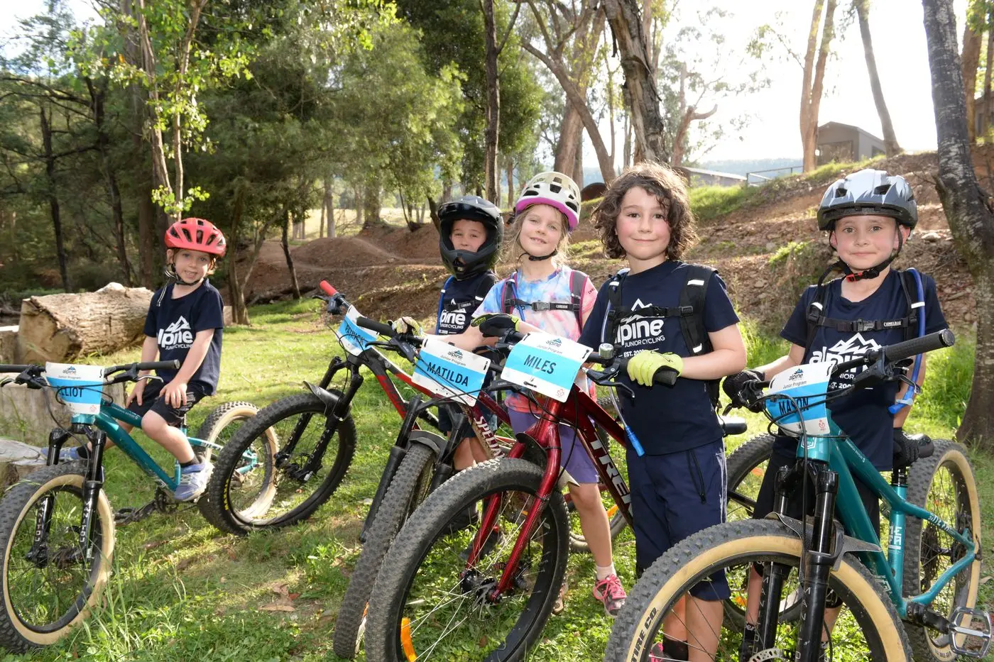 BIKE BUDDIES: (From left) Elliot Porter, Patrick Beatson, Matilda Gray, Miles Gallery and Mason Long were some of the many kids enjoying the new trails at Mystic Park last Tuesday. PHOTO: Brodie Everist