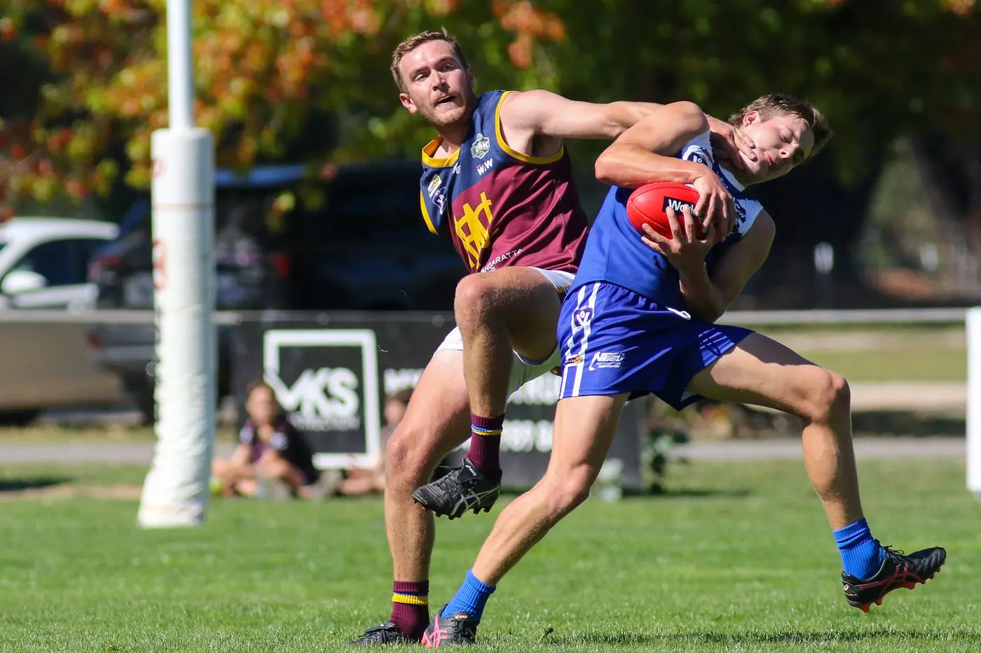 MARKED: Cooper Thomason holds onto the mark over Whorouly\\'s Sam Ferguson. PHOTO: Richard Xerri