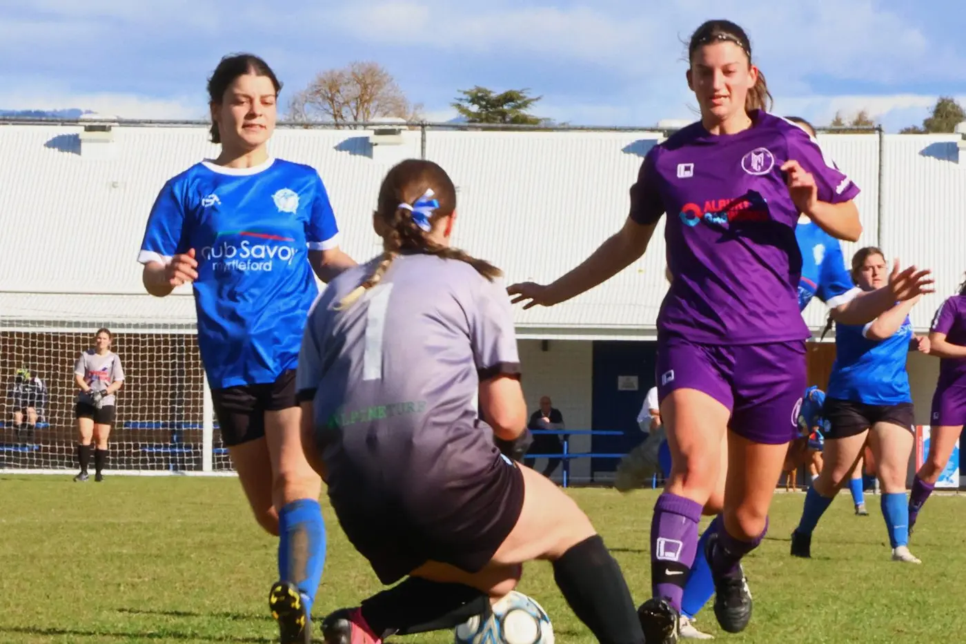DEFENSIVE TITANS: Gabby Paglia and Jess Stringer (centre) were resolute in defence in Myrtleford\\'s win over Wodonga Heart. PHOTO: Janet Watt