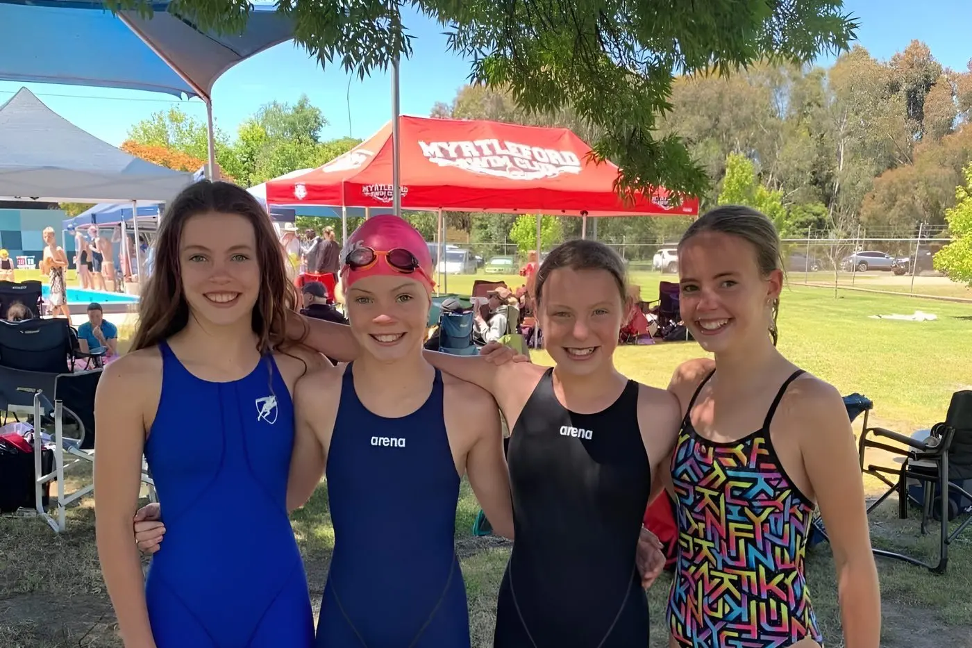 RECORD SWIMMERS: Myrtleford\\'s 12 and under girls medley relay team (from left) Gemma Corcoran, Milla Corcoran, Ella McMasters and Zahra Hazeldine broke a 24 year old record at Sunday\\'s swim meet in Corryong. Id:35348