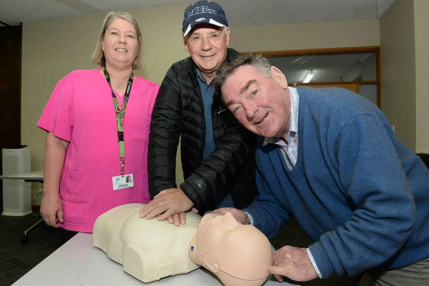 GIVING AID: (From left) first aid trainer Helen Giles, Myrtleford Men\\'s Shed secretary Barry Holden and treasurer Clive Walker before the first aid course last week.  PHOTO: Brodie Everist 