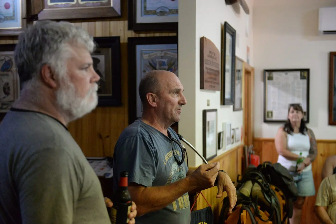 UPDATING THE GROUP: Site holder Noel McKay speaking to the group at the Bright RSL. To the left is David Fisher, who also spoke at the meeting.