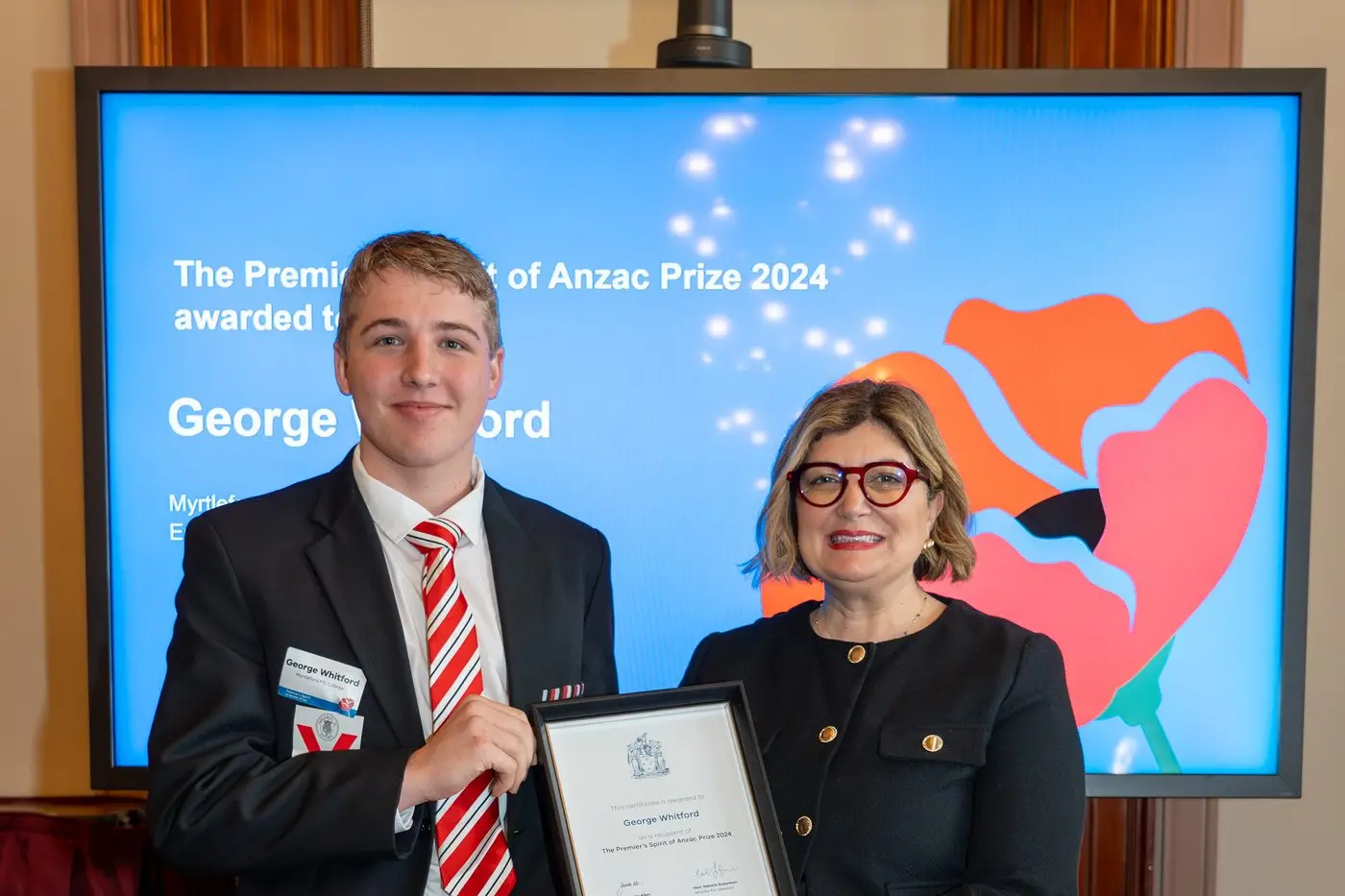 ON TOUR: George Whitford was presented with the Premier\\'s Spirit of ANZAC Prize by the Victorian Minister for Veterans, Natalie Suleyman in August this year.