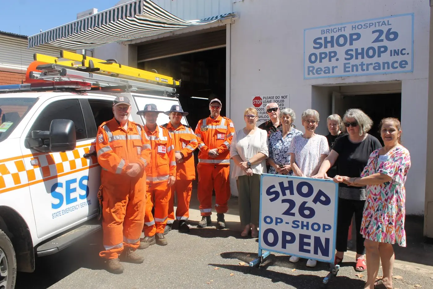 SUPPORTING EMERGENCY SERVICES: (from left) SES Bright members: Controller Graham Gales, Russell Maunder, section leader Nathaniel West, Harley Baker and treasurer Mike Worton gave thanks for their new vehicle to volunteers of the Bright Op Shop, vice president Jane Harvey, Sheila Young, president Eileen Hunter, Doreen Worton, secretary Sue de Carheil and treasurer Lyn Miller.