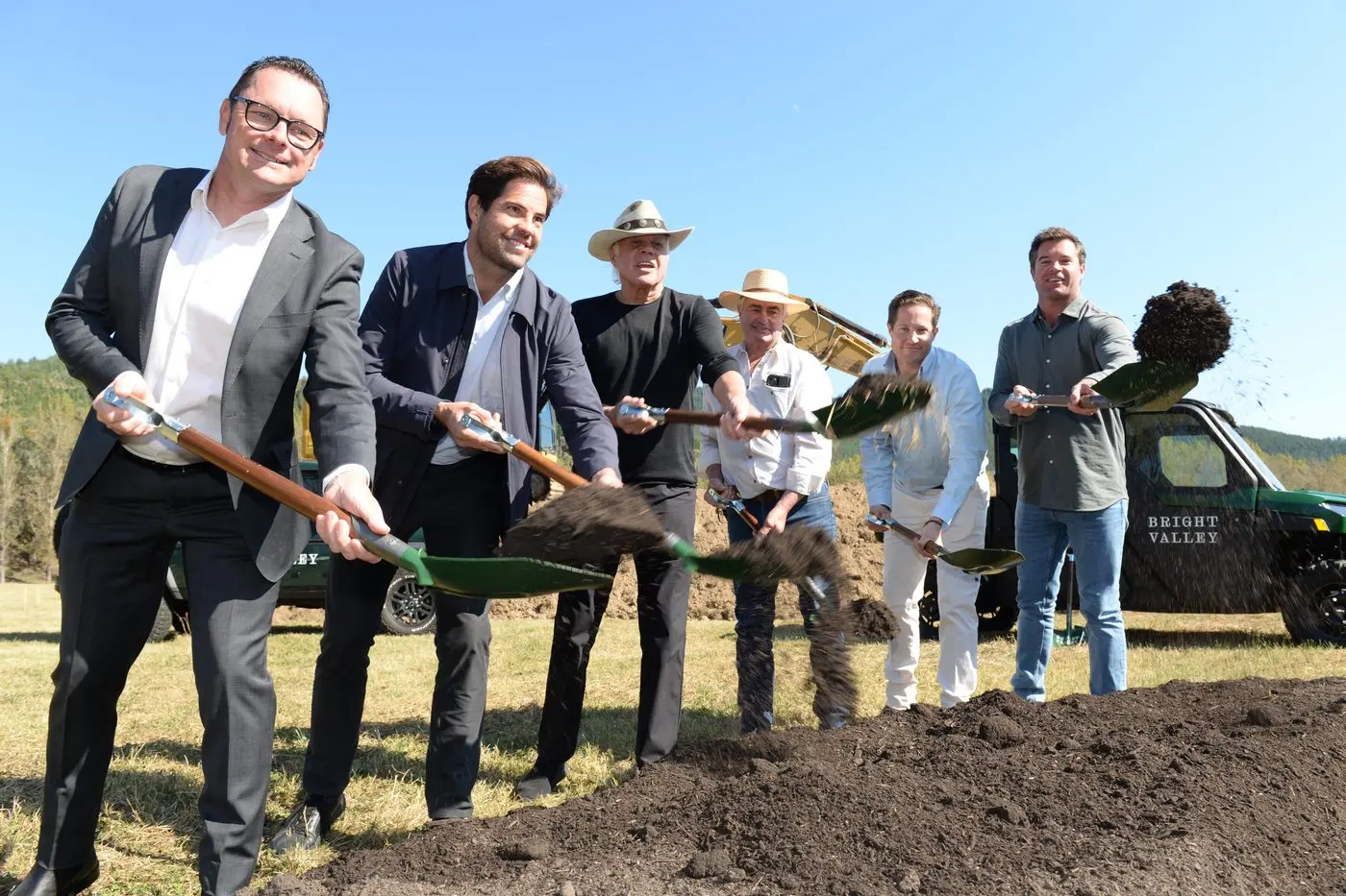 SOIL TURNING: (From left) Gerard Gray, principal at Dickens Real Estate in Bright, Deague Group development manager Anthony Deague, David Deague, former property owner Malcolm Milne, Deague Group managing director Jonathan Deague and company CEO Wil Deague at the sales launch of the Bright Valley development on Thursday. PHOTO: Brodie Everist
