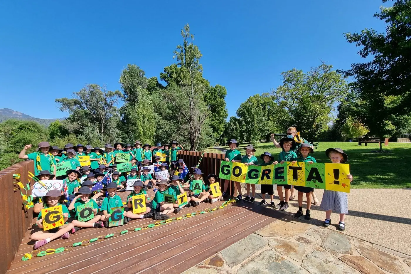 GO, GRETA, GO: Porepunkah Primary School students cheered on local Olympian Greta Small as she competed in Beijing Winter Games last week. Id:20646