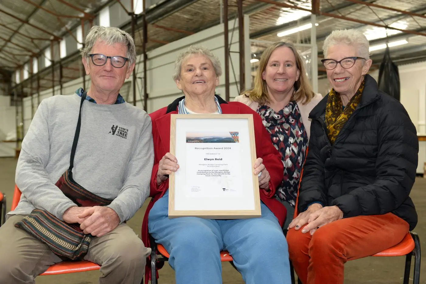 WELL-DESERVED: Elwyn Ried (centre) with Mongans Bridge Caravan Park Committee of Management members (from left) Herman Van den Broek, Catherine Upcher and Lynette Walker. PHOTOS: Brodie Everist 