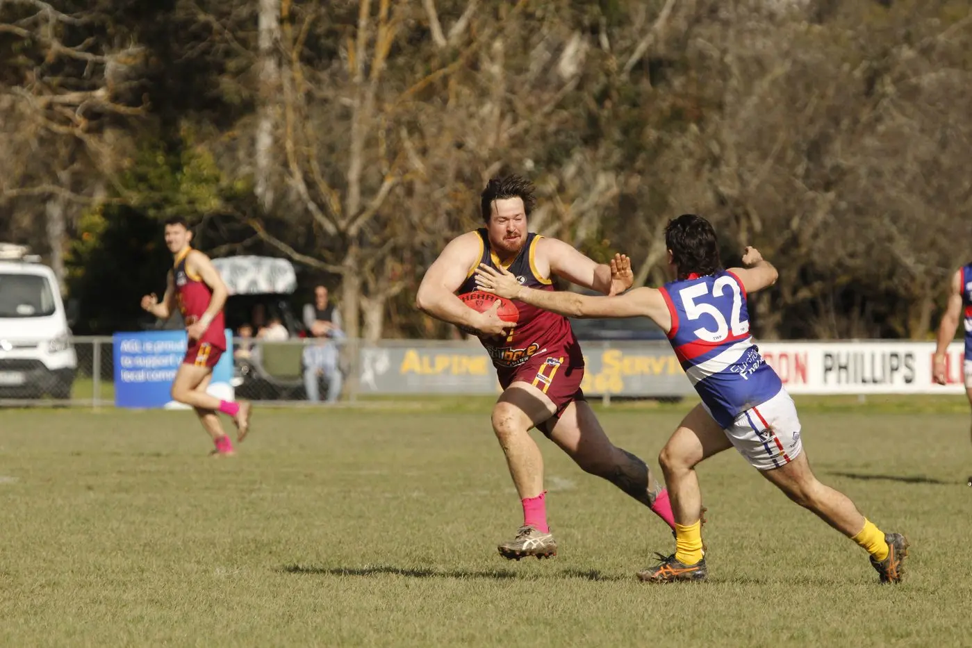 DON\\'T ARGUE: Midfielder Andy Newton barges through Tarrawingee defender Brandon Igri in the Lions\\' 77\\u2013point win. PHOTO: Nathan de Vries Id:29399