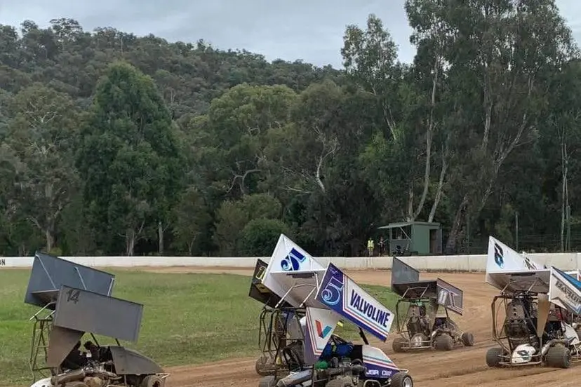 OFF AND RACING: Outlaw karts were off and racing at the picturesque Myrtleford Speedway. PHOTO:Outlaw Karts Racing Victoria  Id:23131
