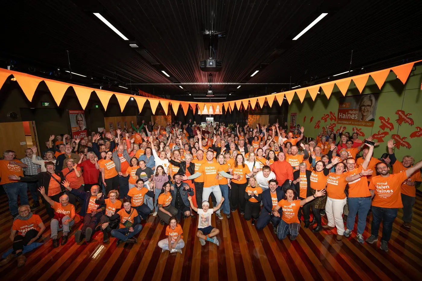 THE PARTY: Re-elected Indi Independent MP Helen Haines is surrounded by her supporters at the election party in Wangaratta after their victory on Saturday night.