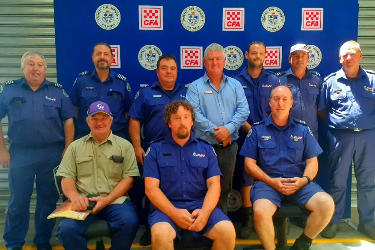 AWARDED: Medal recipients were (from left, standing) Dean Humphries, Kelvin Gleeson, Chris Penman, Ross Coyle AFSM, William Mackrell, Wayne Vearing and Paul Grant; (seated, from left) Stephen Roman, Andrew Creasy and Sean Botting. Not pictured - Keith Thompson