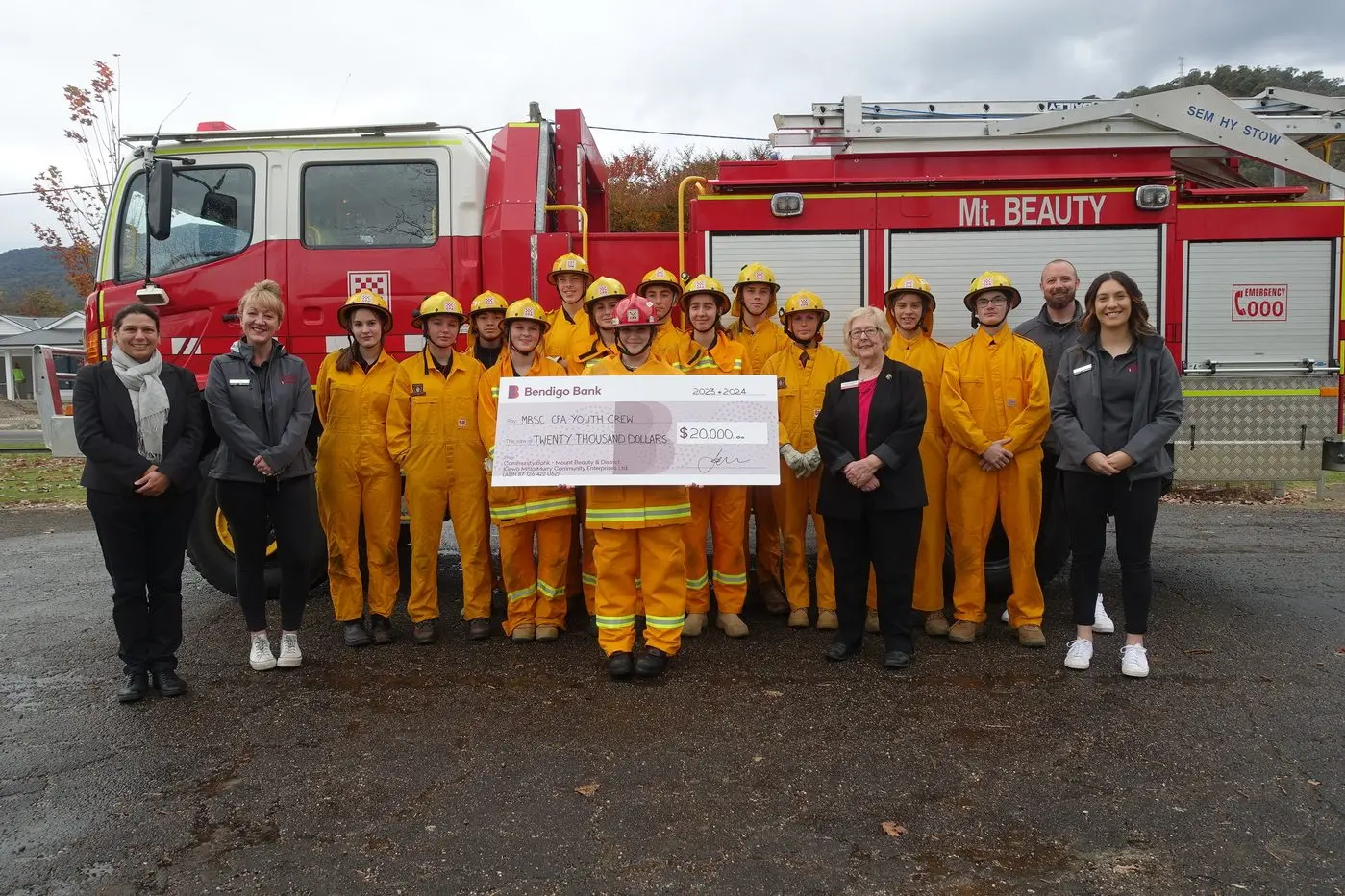 BRIGADE TO BENEFIT: The Mount Beauty and District Community Bank pledged $20,000 for the next two years to assist the Mount Beauty CFA Youth Crew at the Mount Beauty brigade station last week. \\n