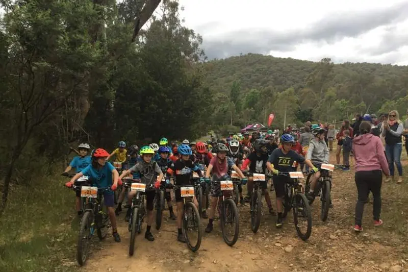 READY, SET, GO: Alpine Cycling Club\\u2019s junior riders on their marks ready to take off in Bright during the National Mountain Bike Championships in March this year.
