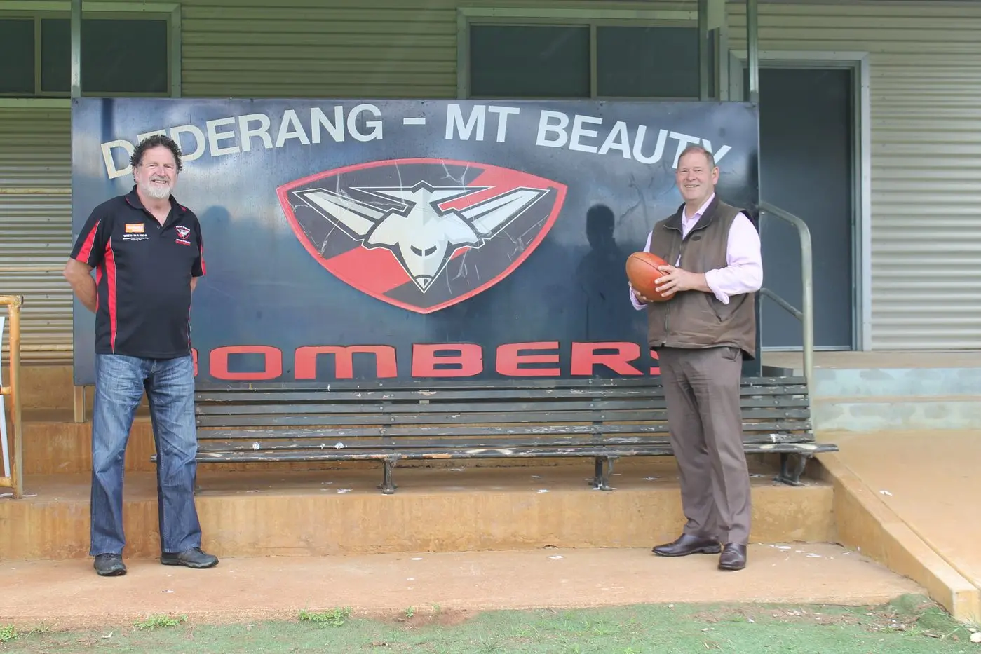 LIGHTING PROMISE: Nationals MP for Ovens Valley Tim McCurdy and Dederang\\u2013Mount Beauty Football Netball Club president Richie Kreuzer announcing the election commitment of a lighting overhaul at Dederang Recreation Reserve. Id:33127
