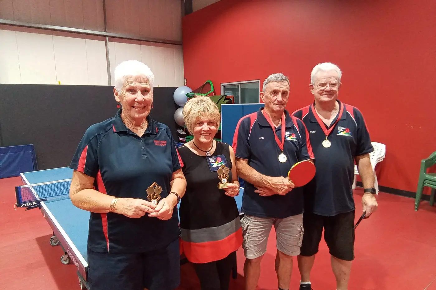 GREAT PERFORMANCE: Mount Beauty table tennis players (from left) Sandra Eldridge, Lyn Forke, Ron Gallagher and Wolfe Forke reached the finals at the East Gippsland \\'Keenager\\' table tennis tournament in Bairnsdale, with Sandra and Lyn taking out the championship match. Id:34184