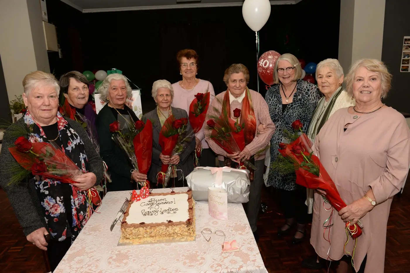 BUON COMPLEANNO: (From left) club secretary Noelene Michelin, Rosa Igri, Pippa La Spina, Anna Matassoni, Maria Mautone, Silvana Colombara, founding member Lois Knox, vice president Anna Ellero and president Gabriella Bettio celebrated the Savoy Ladies\\' 40th birthday along with 50 other attendees. PHOTOS: Brodie Everist 