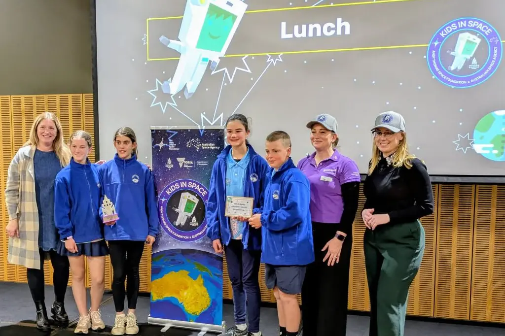 ON TO THE NEXT ROUND: Mount Beauty Primary School teacher Hayley Dodd (left) with The Kids in Space competition finalists Poppy Dangerfield, Eloise Esler, Andie Thurkettle and Lachie Ingram and guest speakers Melissa Gatt and Dr Sarah Webb. Absent team member Jeremy Vandenberg. PHOTO: Mount Beauty Primary School