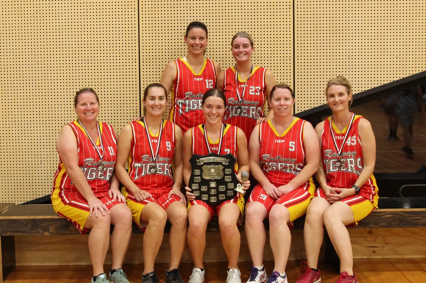 GRINNERS: The A grade women MDBA premiership winners the Railway Tigers (back): Rebecca Piazza, Tara Breen, (front): Janelle McMasters, Melissa Palezza, Skylah McPherson, Jaclyn McAlpine and Kelly Jackson. PHOTOS: Janet Watt Id:39241