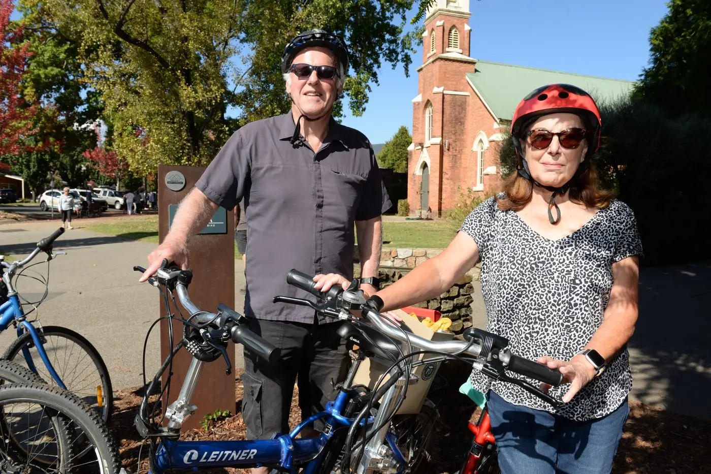 WHEELING AROUND: Ian and Jo Macreadie were enjoying a holiday in Bright last week and, like many, were riding on the rail trails to see the surrounding towns. PHOTO: Brodie Everist   