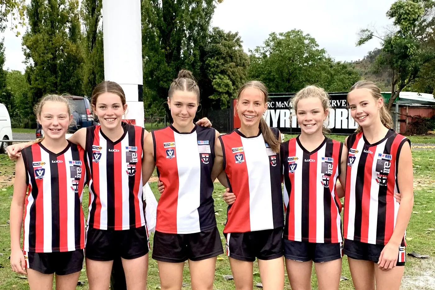 THESE GIRLS CAN: Myrtleford junior footballers (from left) Ella McMasters, Gemma Corcoran, Skylah McPherson, Jade Hazeldine, Milla Corcoran, and Zahra Hazeldine. Id:40051